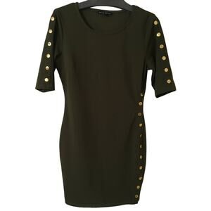Haute Monde Olive Green Knit Body Com Dress Size Medium Buttons on Shoulders